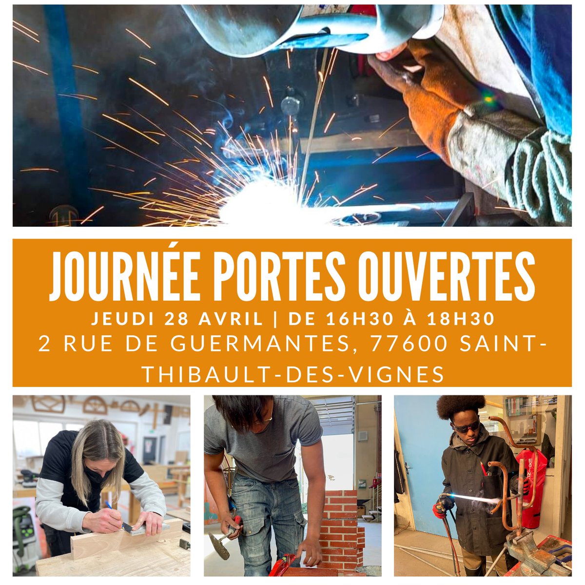 📍📌Nous vous donnons rendez-vous le jeudi 28 avril 2022 de 16h30 à 18h30 au sein du Centre de formation des Compagnons du Tour de France à Saint-Thibault-des-Vignes pour notre Journée Portes Ouvertes ! 👷‍♀️👷‍♂️🧑‍🎨👨‍🎨👩‍🔧🧑‍🏭👨‍🏭👨‍🔧