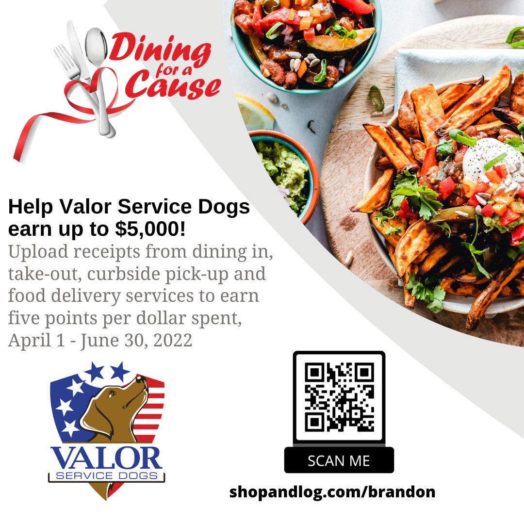 ValorDogs's tweet photo. Beginning today, April 1, and running until June 30 you can support Valor Service Dogs while you dine at any @WestfieldBN eatery (including dine-in, take-out, pick-up or delivery). Upload your receipt at https://t.co/Yeq8yNu1U8 to help VSD earn up to $5,000. #DiningforaCause https://t.co/sHH8wLt1Kt