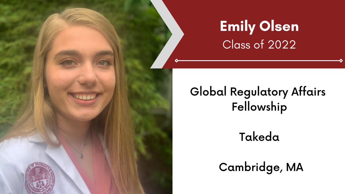 Congratulations to Emily Olsen, Class of 2022, who will be completing a global regulatory affairs #Fellowship at <a href="/TakedaPharma/">Takeda</a>!