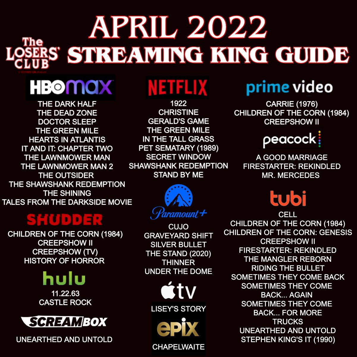 LosersClubPod's tweet photo. Whoa, it's April! Whole lotta @StephenKing to stream! https://t.co/r3fap4U0xa