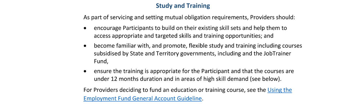 GongWelfare's tweet photo. Currently, job seekers are only made to take up student allowances if their course is longer than twelve months, and do not continue to have mutual obligations requirements.
These are from the jobactive Guideline: Managing and Monitoring Mutual Obligations Requirements. https://t.co/8TVKCbFTgz