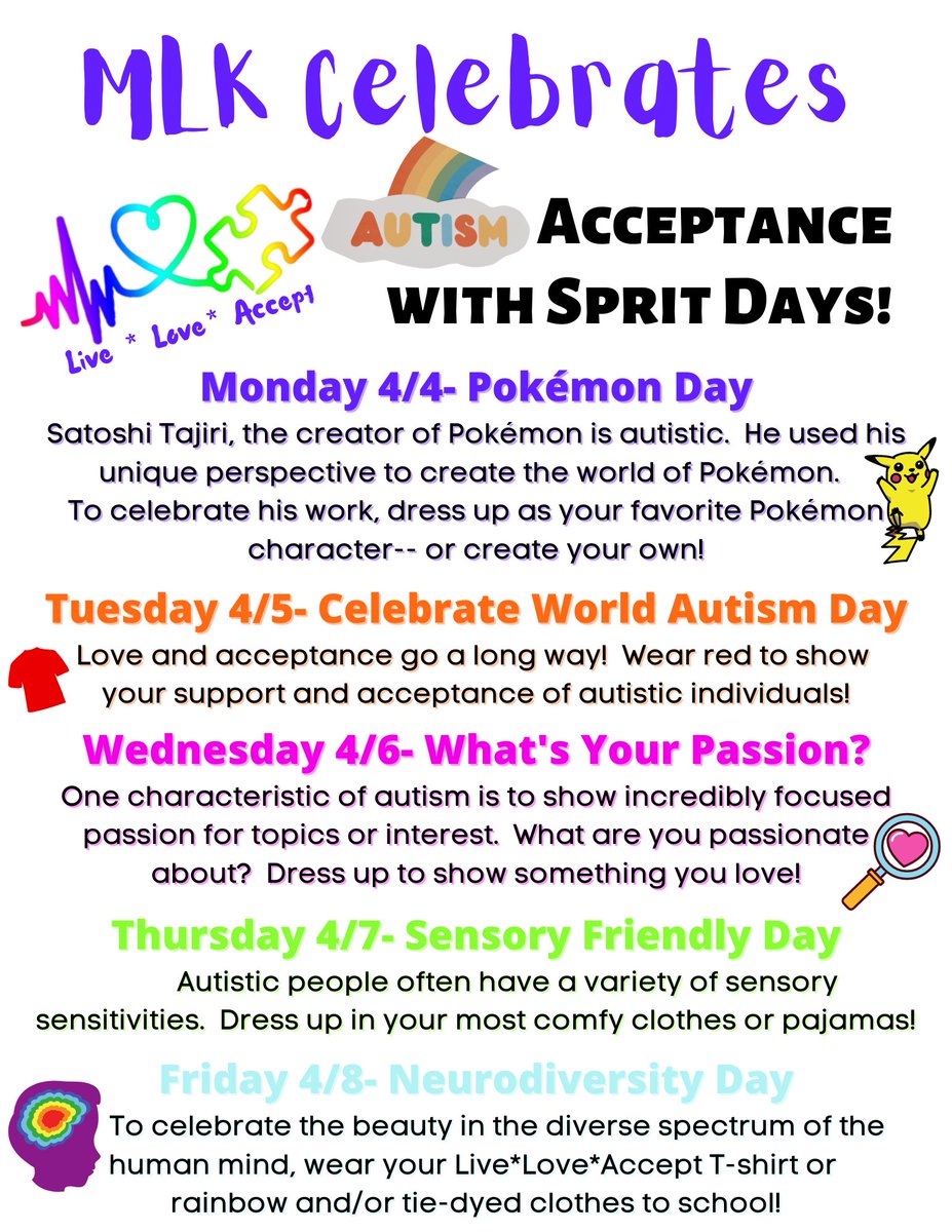 mlk_elementary's tweet photo. Please join the MLK Blue Lions as we celebrate Autism Acceptance next week with some fun spirit days! #AutismAcceptanceMonth #shinebrightedison #mlkpride #mlkspirit 💙🦁 https://t.co/nUC1NDKuMt