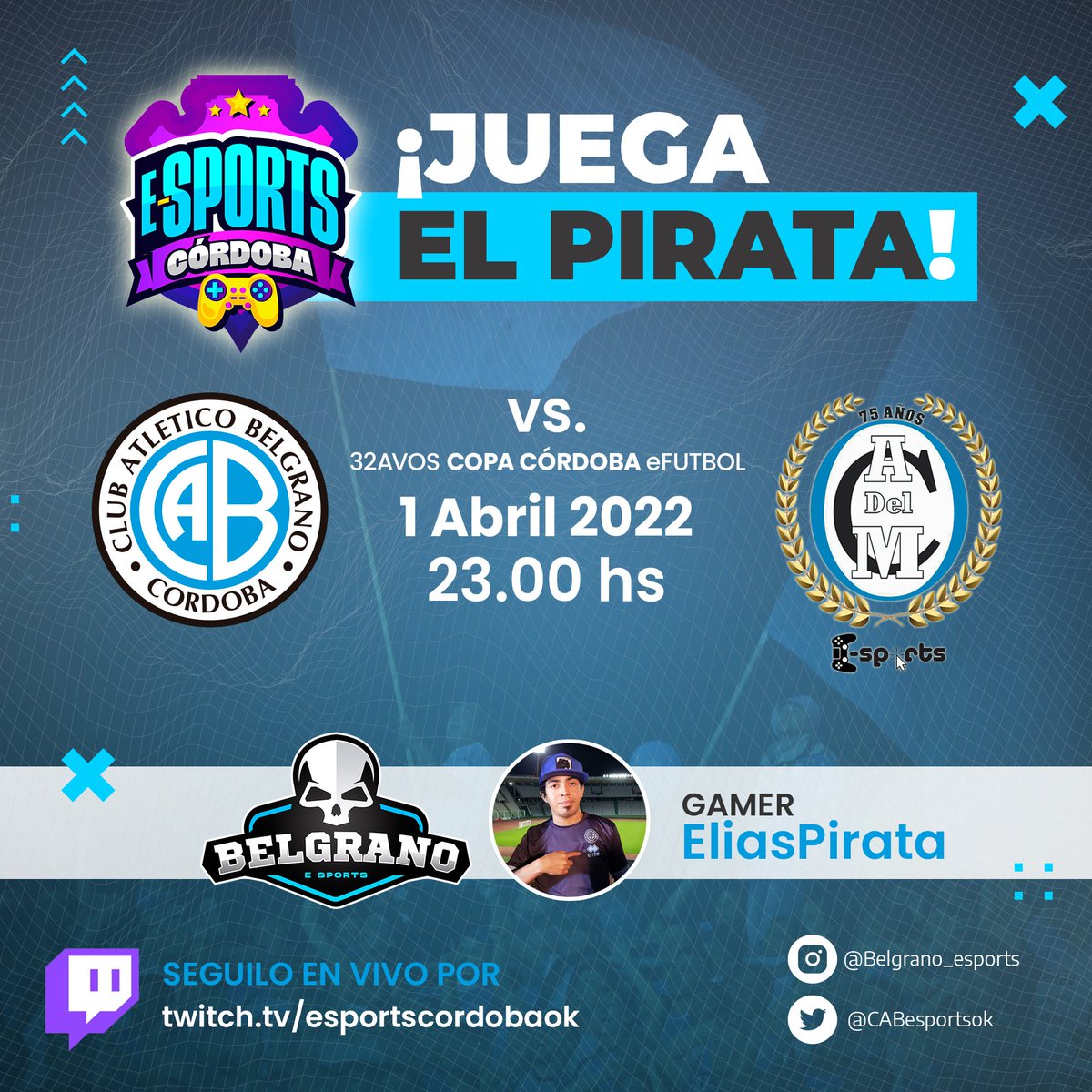 🏴‍☠️⚽️ Todo listo para el debut de <a href="/Belgrano/">Belgrano</a> en la Copa Provincial de FIFA 22.

Por los 32avos el Pirata enfrenta en 2 encuentros al Club Atlético Capilla del Monte desde las 23hs.

🎮 Nos representa el crack <a href="/Eliaspirata7/">Elias Dos Reis</a>

📲¡Vamos a alentarlo EN VIVO por ▶️ Twitch!

#VamosPiratas