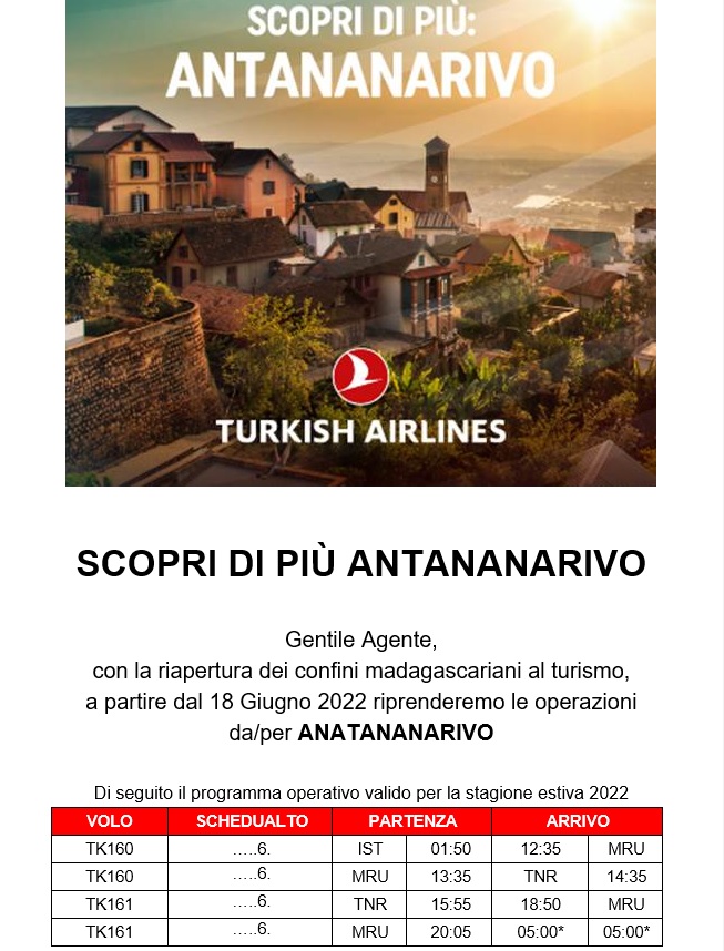 Madagascar | Volo Turkish Airlines dal 17 giugno 2022 da varie città italiane per Antananarivo!

madagascar.it/wp-content/upl…

#viaggimadagascar #turkishairlines #touroperator #volimadagascar #wadidestination #mymadagascar #airlines