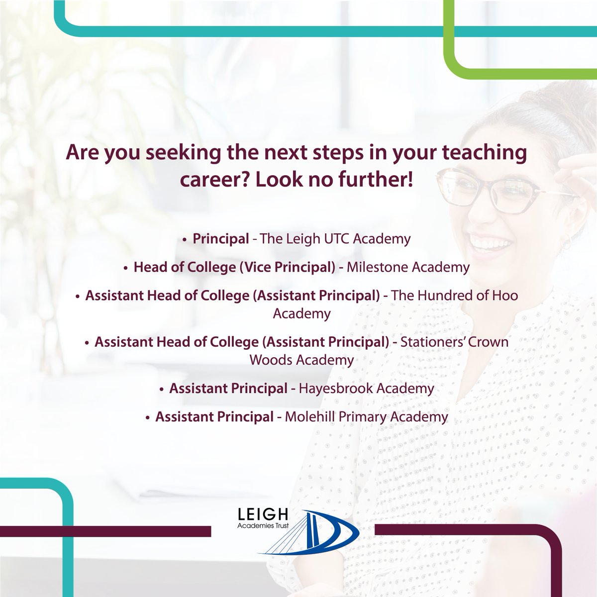 lat_careers's tweet photo. Take a look at our current Leadership vacancies now available at Leigh Academies Trust!
For more information, and to apply, visit our careers site today: https://t.co/R9OaHaRfUR
#LeighAcademiesTrust #LATLife #LATCareers https://t.co/rZxCwhYYfK