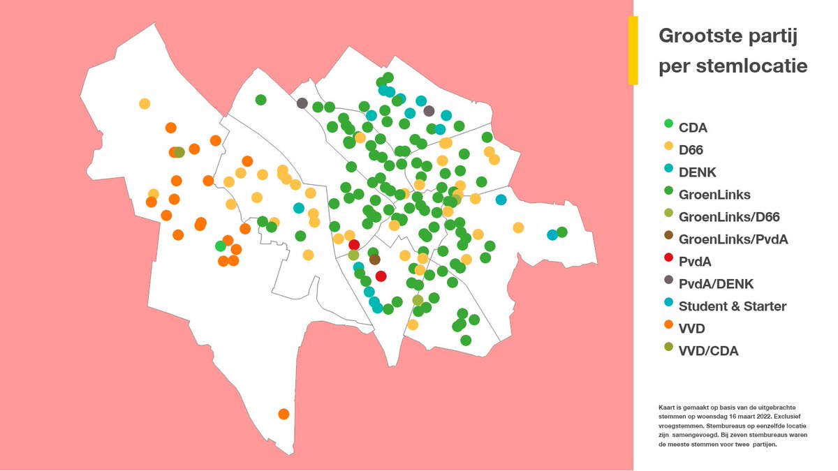 Verkiezingen ► Bij zeven stemlocaties waren de meeste stemmen op 16 maart voor twee partijen. Deze kaart is ook te bekijken via utrecht.nl/bestuur-en-org…