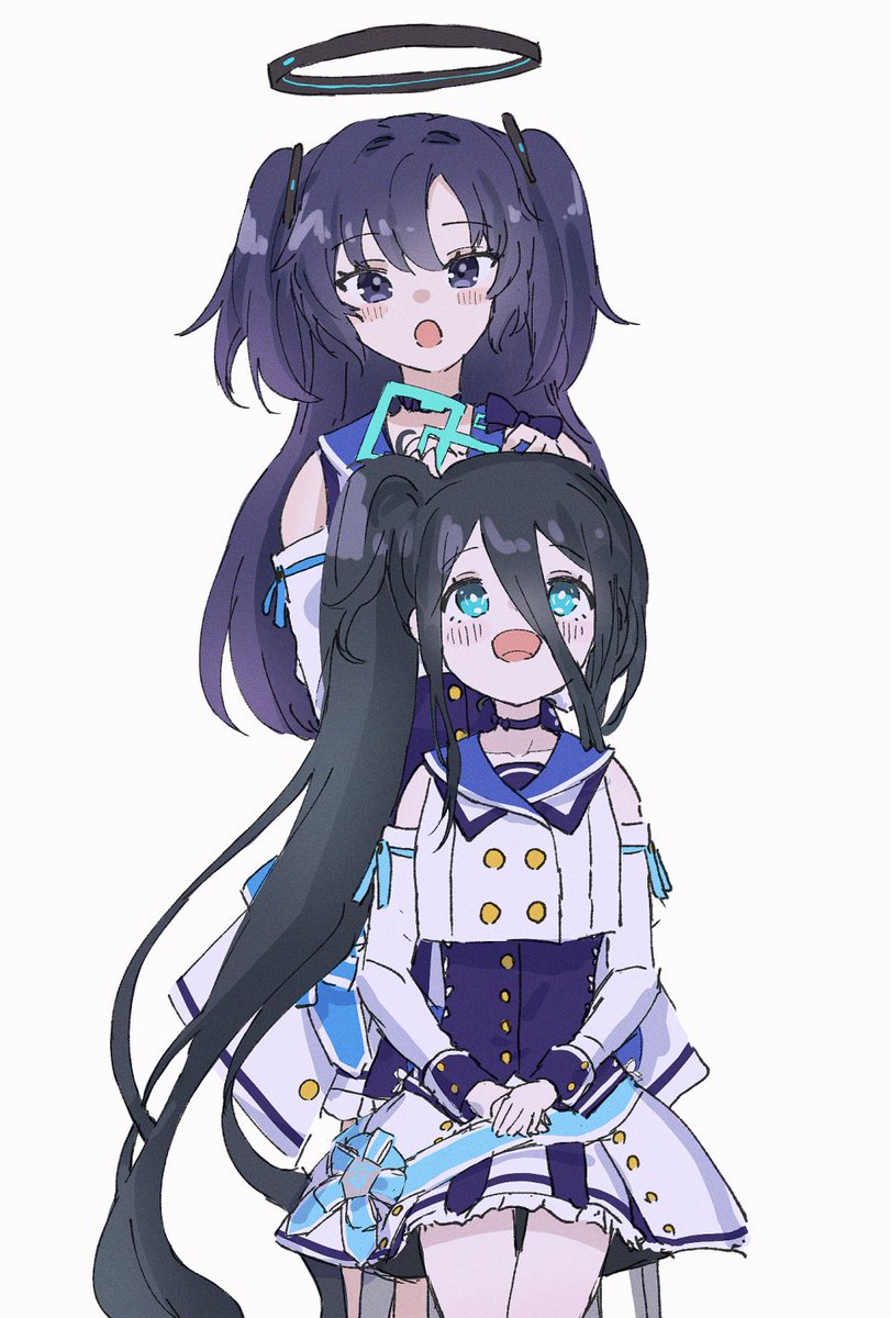 aris (blue archive) ,yuuka (blue archive) multiple girls halo 2girls long hair white background idol black hair  illustration images
