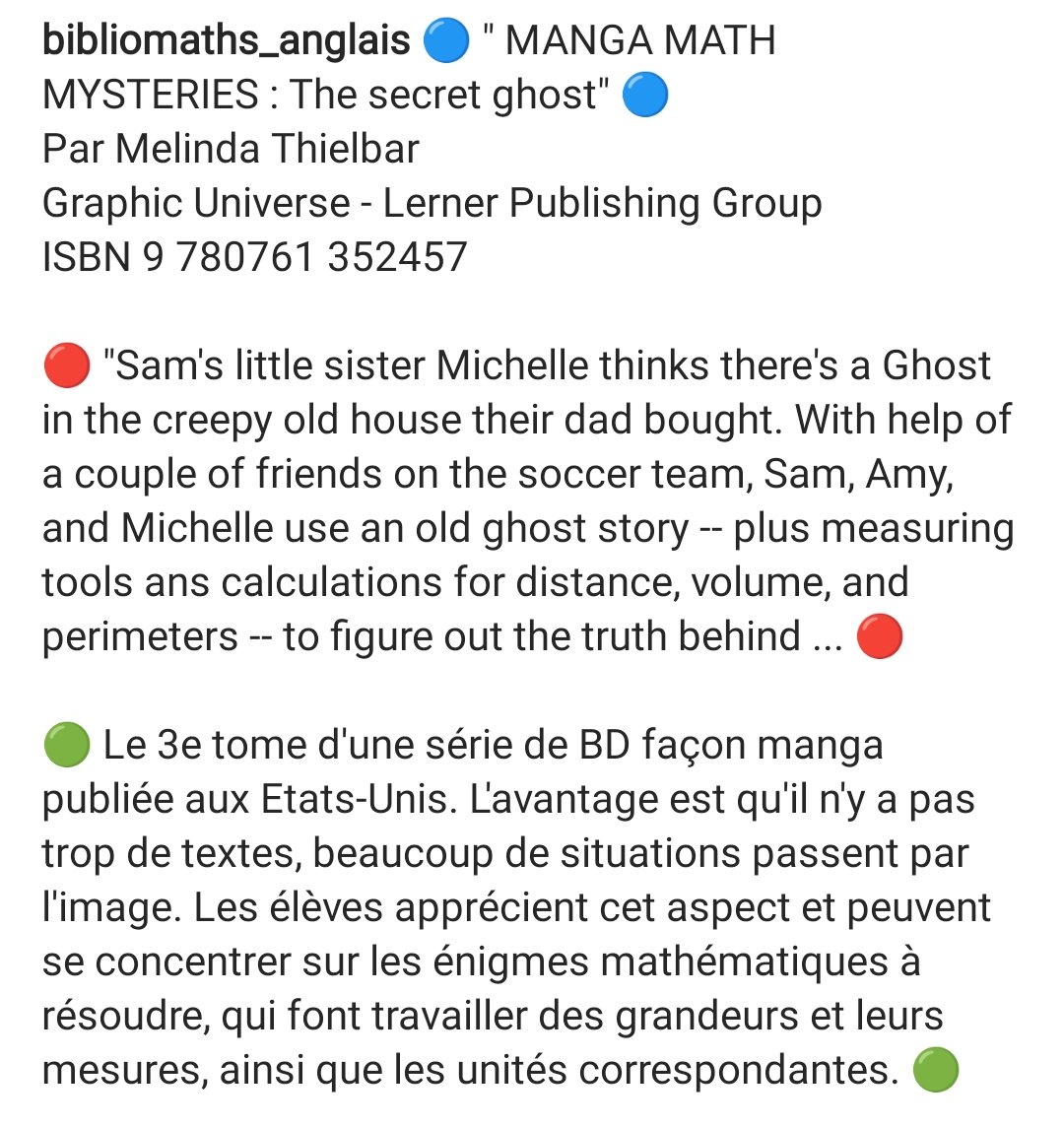 EtwTerp's tweet photo. Idées d'ouvrages pour faire des #mathsenanglais avec vos élèves sur mon compte Instagram
📚🇬🇧Bibliomaths_Anglais 🇬🇧📚
https://t.co/sojmvBd8B6
➡️ Aujourd'hui "Manga Math Mysteries #3"
#bibliomathsanglais #mathsbooks
#DNL #mathsinenglish #lernerpublishing https://t.co/CyFlY49VIN