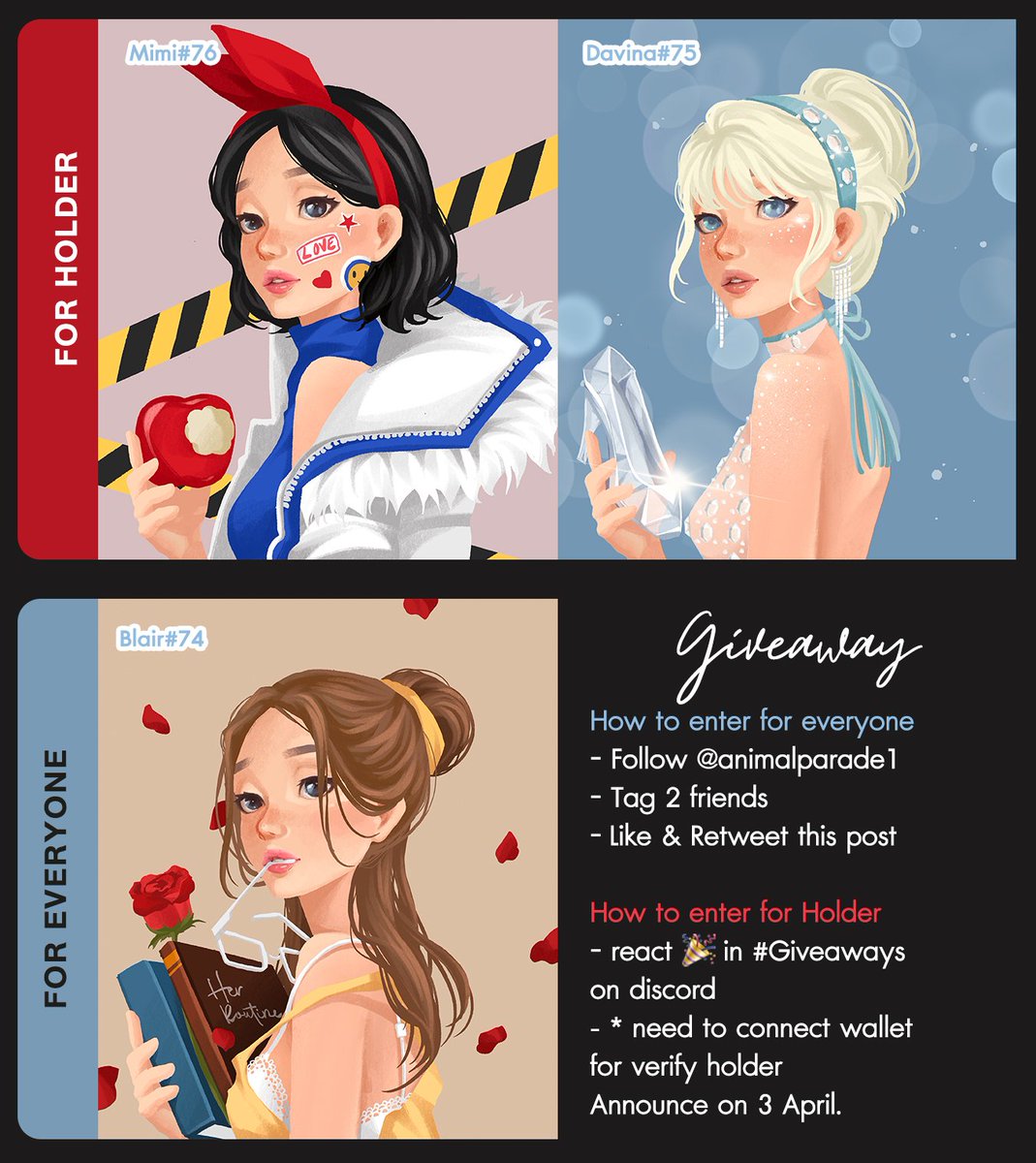 giveaway Her Routine 
  How to enter for everyone 
🚩 Follow <a href="/animalparade1/">Happy monday</a> 
🚩 Tag 2 friends
🚩Like &amp; Retweet 

How to enter for Holder
🚩 react 🎉 in #Giveaways  on discord 
🚩* need to connect wallet for verify holder
discord.gg/KjJ9VCvhh7 
Announce on 3 April 9 Pm. Gmt+7