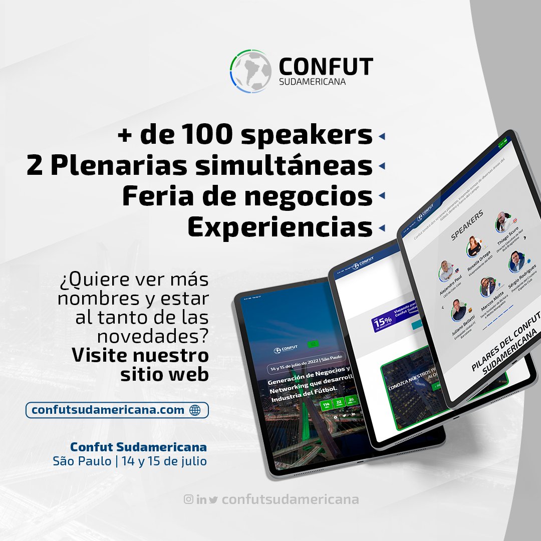 Conoce ahora a 3 de los + de 100 speakers que estarán en la edición 2022 de Confut Sudamericana, en São Paulo - Brasil:

• Samuel Pérez | CCO &amp; CMO do Colo-Colo
• Fábio Bentes | Presidente del Clube do Remo
• Mauro Cesar Pereira | CEO de Clicker Sports
