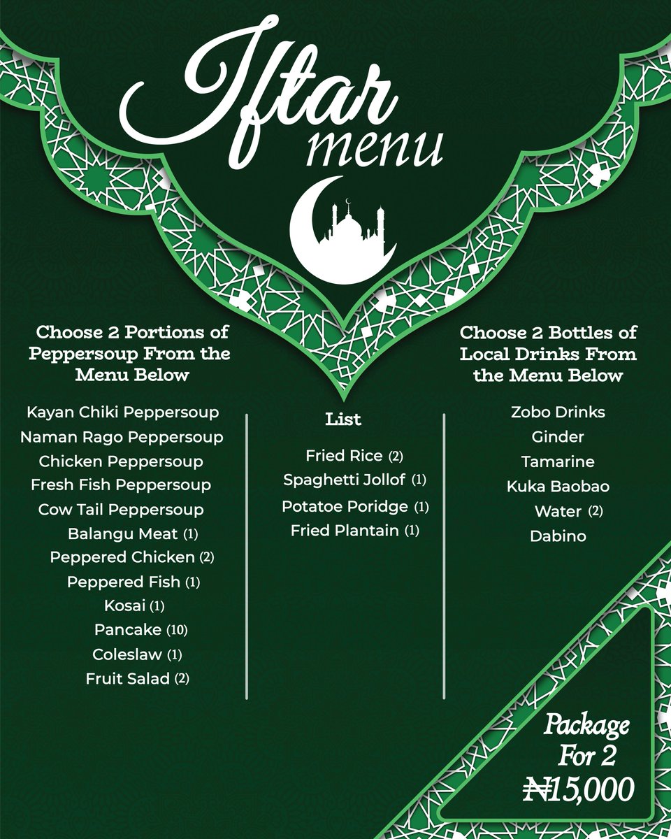 landnkitchen's tweet photo. You can enjoy your iftar with us. We have created different packages for different groups of 2, 6 and 10 persons. You can also enjoy our iftar buffet for N7,000 only (N3,500 for children)

49b Kumasi Crescent, behind Dominos Pizza,  Wuse 2.
 
0915 886 6238
#AbujaTwitterCommunity https://t.co/jhfDaEgcSD