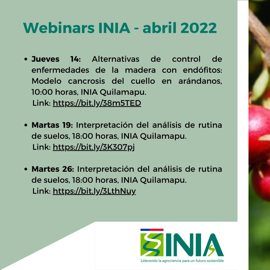Inscríbete y participa en los #webinar #INIAChile de #Abril 

Link disponibles➡️ bit.ly/3LzDMA5