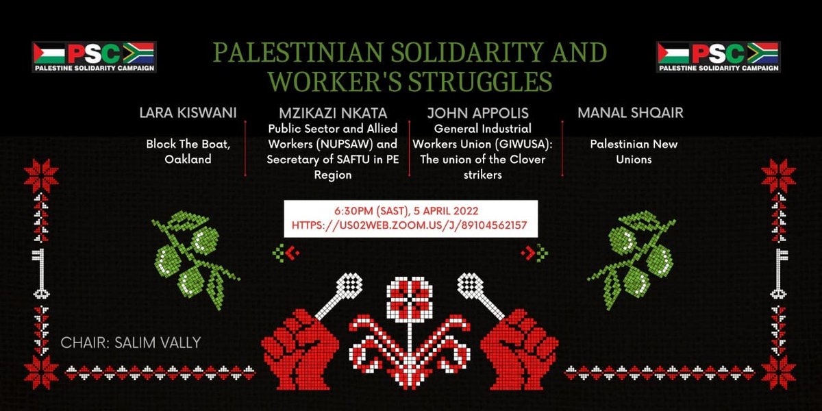 pal_awda's tweet photo. PALESTINIAN SOLIDARITY AND WORKER'S STRUGGLES
PSC PALESTINE SOLIDARITY CAMPAIGN
12:30pm ET
6:30PM (SAST), 5 APRIL 2022 https://t.co/3OFjBBh7Rv
SCX PALESTINE SOLIDARITY CAMPAIGN
#SouthAfrica #CloverStrike #BDS https://t.co/3QUuJ11esw