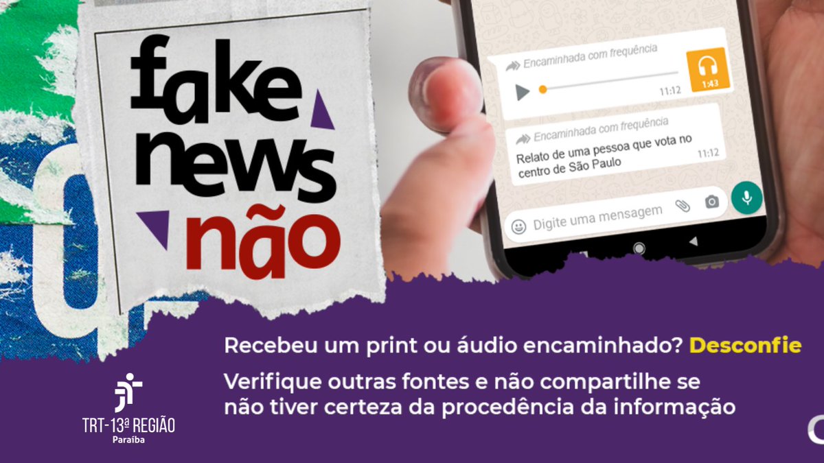 TRT13PB's tweet photo. 📢 É HOJE! Vamos nos unir em um grande movimento pelo fim das fake news? Participe da mobilização #FakeNewsNão, a partir das 11h. Vamos dar dicas de checagem de informações e alertas sobre o tema. Participe! Use a hashtag #FakeNewsNão https://t.co/O4yB1KPh01