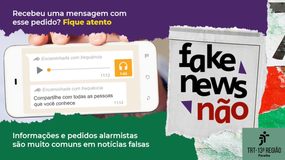 📢 É HOJE! Vamos nos unir em um grande movimento pelo fim das fake news? Participe da mobilização #FakeNewsNão, a partir das 11h. Vamos dar dicas de checagem de informações e alertas sobre o tema. Participe! Use a hashtag #FakeNewsNão