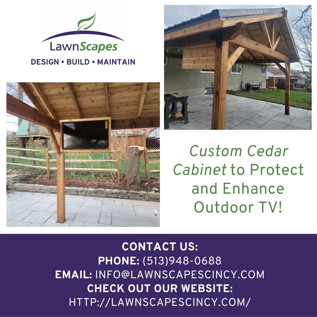 Check out this custom cedar cabinet for an outdoor tv! Want to upgrade your outdoor space call us today!
DESIGN • BUILD • MAINTAIN
#design #build #custom #LawnScapes #Cincinnati #maintain #outdoortv #backyardtransformation #outdoorrenovation