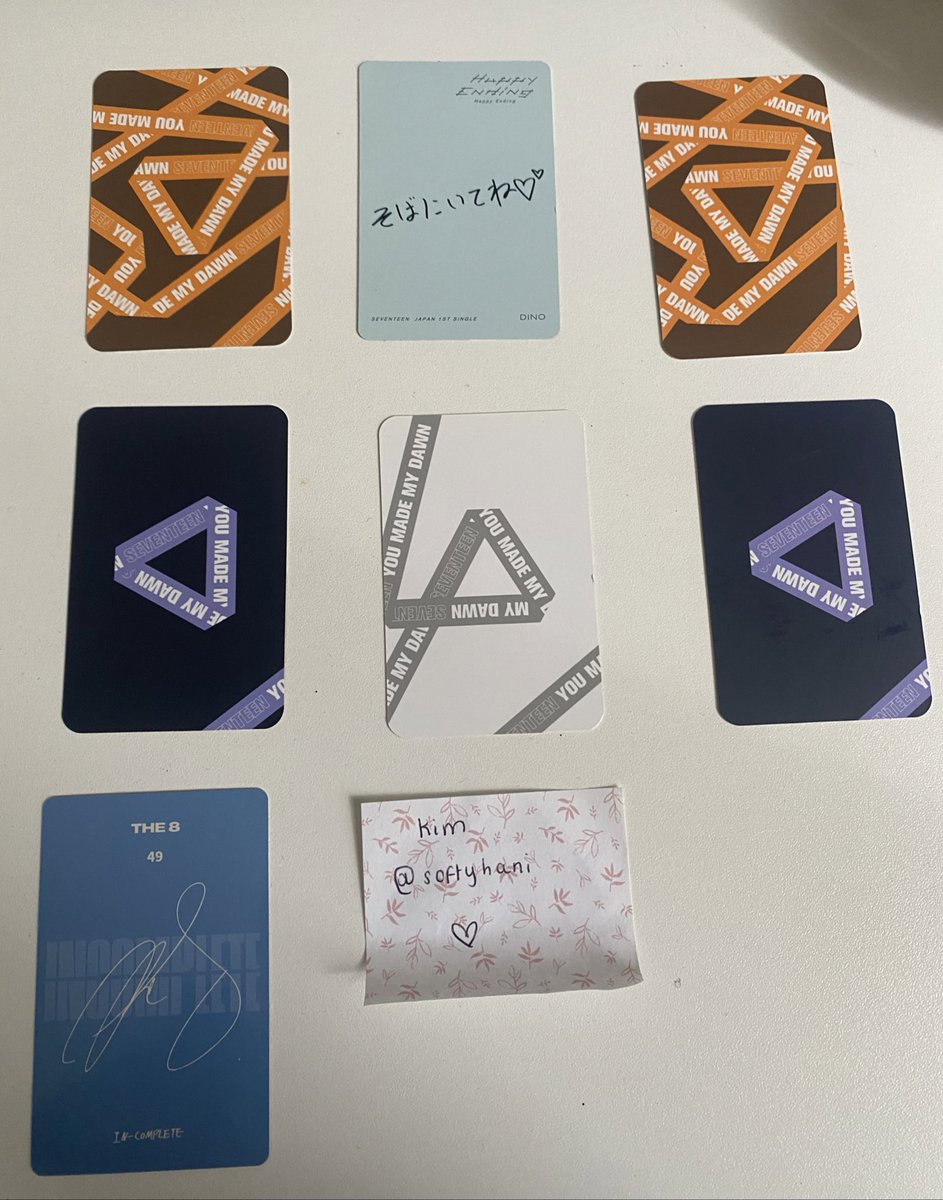 softyhani's tweet photo. seventeen album photocards:
- mingyu ymmd eternal sunshine pc £7
- dino happy ending pc £8
- joshua ymmd sunshine pc £7
- wonwoo before dawn pc £8
- jun dawn pc £7
- dino dawn pc £7
- the8 incomplete pc £4 #wts https://t.co/Nj1lIdqV1U