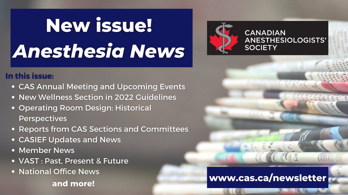 Canadian Anesthesiologists' Society (@casupdate) on Twitter photo Check out the spring 2022 issue of the CAS newsletter, Anesthesia News. There's lots to read about, including exciting upcoming events, and reports from sections and committees.
#CASAM2022 <a href="/CAS_IEF/">CAS IEF</a> <a href="/cas_neuro/">CAS Neuro Section</a> <a href="/CAS_OBSection/">Obstetric Anesthesia of CAS 🇨🇦</a> <a href="/CAS_History/">Anesthesia Archives & Artifacts</a> <a href="/CASresidents/">CAS Residents</a>
cas.ca/newsletter Check out the spring 2022 issue of the CAS newsletter, Anesthesia News. There's lots to read about, including exciting upcoming events, and reports from sections and committees.
#CASAM2022 <a href="/CAS_IEF/">CAS IEF</a> <a href="/cas_neuro/">CAS Neuro Section</a> <a href="/CAS_OBSection/">Obstetric Anesthesia of CAS 🇨🇦</a> <a href="/CAS_History/">Anesthesia Archives & Artifacts</a> <a href="/CASresidents/">CAS Residents</a>
cas.ca/newsletter