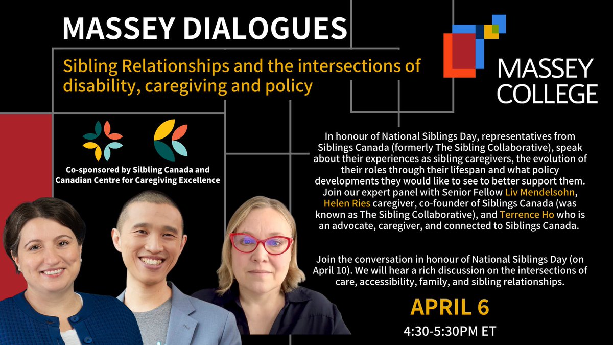 Canadian Centre for Caregiving Excellence (@cdncaregiving) on Twitter photo Ahead of #NationalSiblingsDay, our executive director <a href="/LivMendelsohn/">LivMendelsohn</a>, and Siblings Canada reps @helenries and Terrence Ho will be speaking <a href="/MasseyCollege/">Massey College</a> about their experiences as sibling #caregivers. Registration is now open! ow.ly/K5lI50Ixz1y Ahead of #NationalSiblingsDay, our executive director <a href="/LivMendelsohn/">LivMendelsohn</a>, and Siblings Canada reps @helenries and Terrence Ho will be speaking <a href="/MasseyCollege/">Massey College</a> about their experiences as sibling #caregivers. Registration is now open! ow.ly/K5lI50Ixz1y
