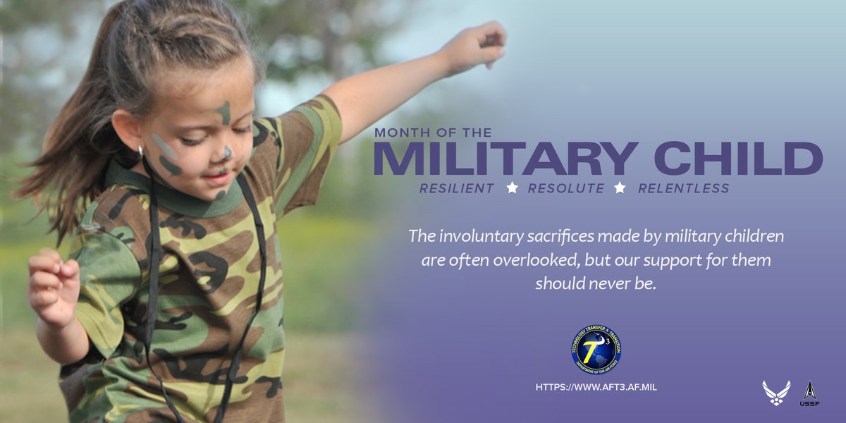 AirForceT3's tweet photo. The DoD has set aside April as the #MonthoftheMilitaryChild. Sponsored by the Department of Defense Military Community and Family Policy, it honors the sacrifices families, and particularly their children, make. #MOMC #AFT3 #TechTransfer https://t.co/sxVi3I27Cj