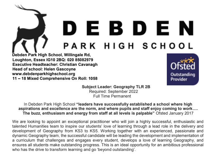 dphs's tweet photo. We excited to be able to advertise for a subject leader in Geography to join our phenomenal Humanities team in September 2022. 

Please contact donna.james@debden-tkat.org for more information or visit https://t.co/aMh2tNGlpg 

#BEoutstanding https://t.co/tqJXnq6RlC