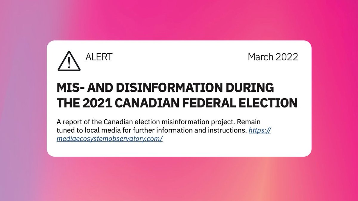 Aengus Bridgman (him/il) (@aengusbridgman) on Twitter photo Proud to present the <a href="/MediaEcosystem/">Media Ecosystem Observatory</a> election report (mediaecosystemobservatory.com/canadian-elect…) that documents and evaluates the role that misinfo played during the last 🇨🇦 election. Bottom line: there was tons of low impact misinformation that didn't seem to matter for the election. But... 🧵 Proud to present the <a href="/MediaEcosystem/">Media Ecosystem Observatory</a> election report (mediaecosystemobservatory.com/canadian-elect…) that documents and evaluates the role that misinfo played during the last 🇨🇦 election. Bottom line: there was tons of low impact misinformation that didn't seem to matter for the election. But... 🧵