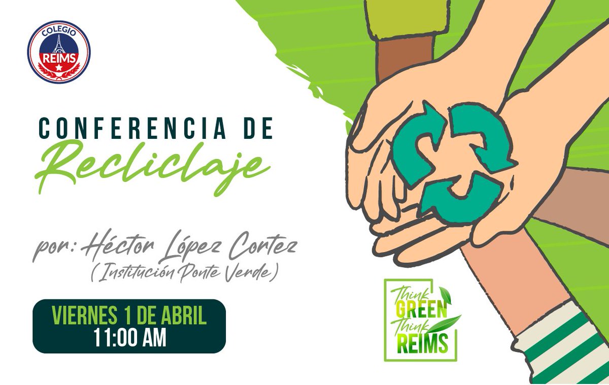 ¡LLEGÓ EL DÍA! Los invitamos a todos HOY a las 11:00 a.m., a nuestra Conferencia de Reciclaje, con Héctor López Cortez de la Institución Ponte Verde.

#SoyReims #ThinkGreenThinkReims #Reciclaje #BeGreen