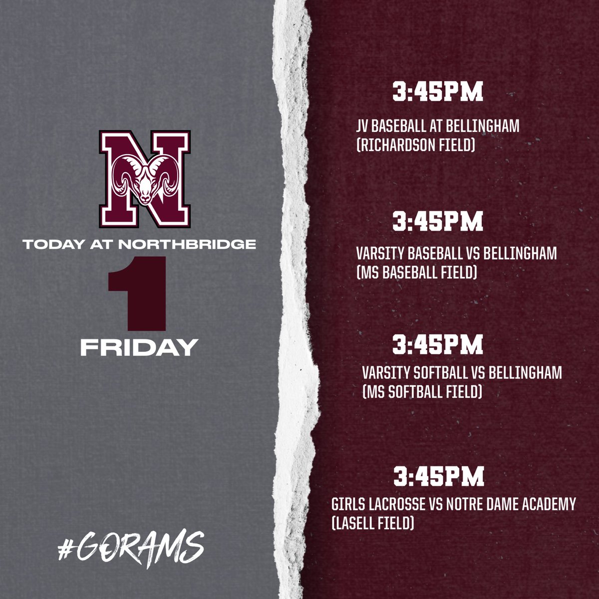 NBRamsAthletics's tweet photo. It’s GAMEDAY!

A lot going on today but updates will follow depending on field conditions/weather.

🚨stay tuned🚨

@NBRamsBSBL @NHSRamssoftball @nhsramsglax https://t.co/D5A2TW4VN5