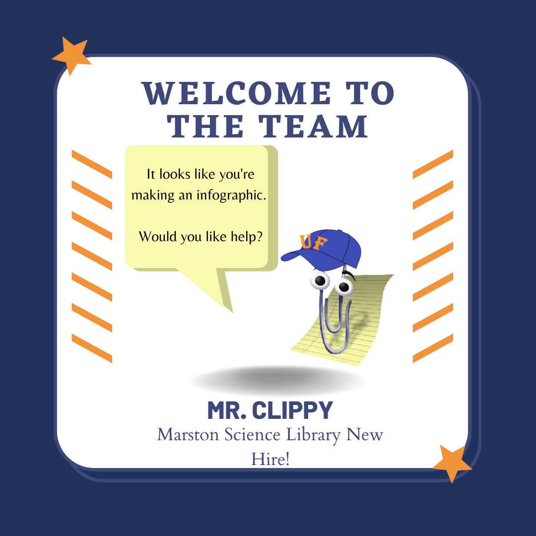 Marston is proud to announce a new member of our team as part of UF's AI initiative.  Clippy is joining our library with years of deep expertise providing consultations and solutions from graphics to writing articles.

Reach us at uflib.ufl.edu/find/ask/

#GatorAI  #April1st