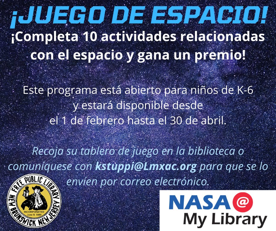 NBFPLNJ's tweet photo. We're now in the final month of NBFPL's Space Race! Kids can win prizes by exploring space websites, reading about astronauts, and creating space projects. Visit https://t.co/pr9pkpWp7i for more info.
#NASAatMyLibrary #STEMinLib #NJlibraries #NewBrunswickNJ https://t.co/klLhd0r3N1