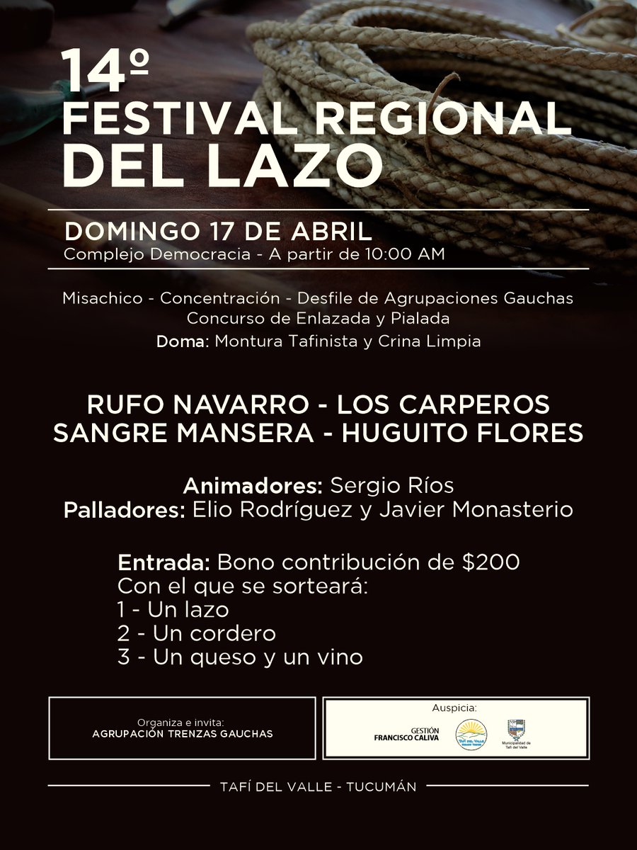 MuniTafi's tweet photo. 📎 14° FESTIVAL REGIONAL DEL LAZO
📅  DOMINGO 17 DE ABRIL
📌  COMPLEJO DEPORTIVO DEMOCRACIA
⏰ A PARTIR DE 10:00 AM - ENTRADA BONO CONTRIBUCIÓN $200. https://t.co/kGYSwR7sGT