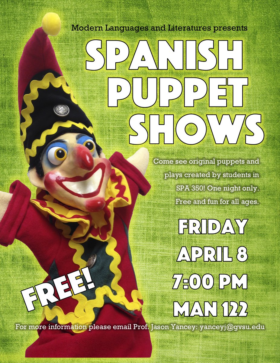 Join us on April 8th at 7:00pm for the Spanish puppet shows!