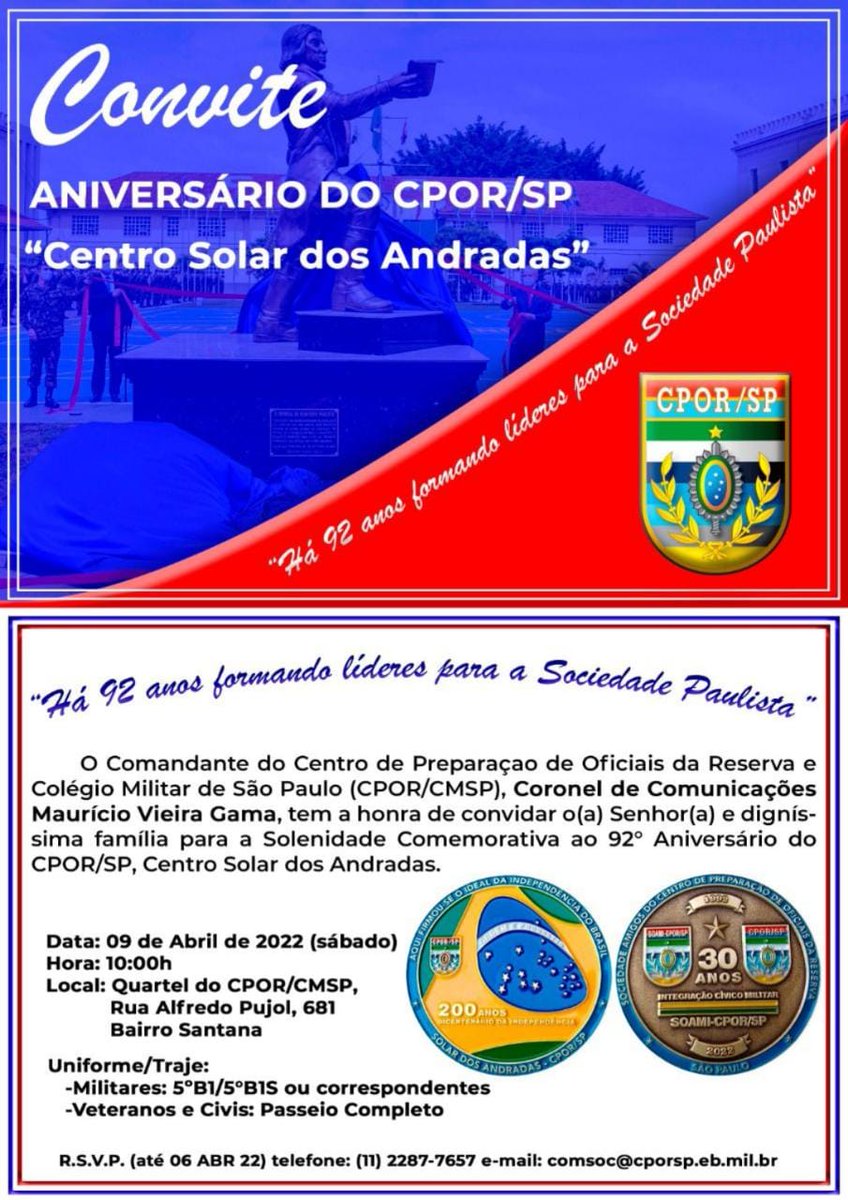 alelacerda2012's tweet photo. O "Centro Solar dos Andradas", #CPOR #CMSP convidam a todos para a Solenidade de comemoração  do 92° Aniversário do CPOR/CMSP no próximo dia 09/04/22, as 10:00hs. CPOR/SP. Escola de Líderes.!!
Compareça e Prestigie 🇧🇷🇧🇷🇧🇷 https://t.co/dPGy5kqhrx