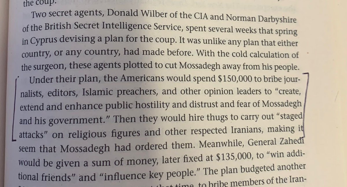 fsherjan's tweet photo. Two excerpts from #StephenKinzer book #Overthrow that documents the overthrow of #Mossadeq PM of Iran in 1953. Amazingly close parallel with what is happening now. Must read marked section about media and clergy. Received from a journalist friend https://t.co/BkZgybSJUw