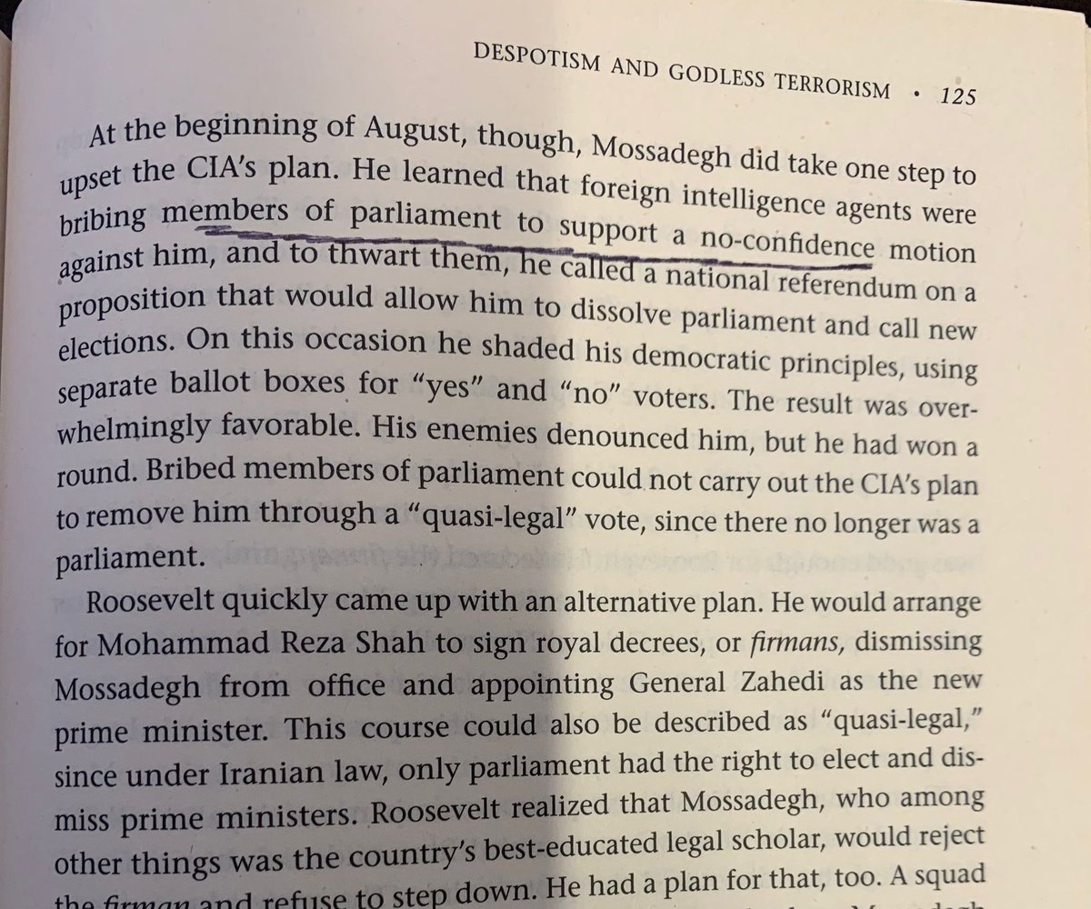fsherjan's tweet photo. Two excerpts from #StephenKinzer book #Overthrow that documents the overthrow of #Mossadeq PM of Iran in 1953. Amazingly close parallel with what is happening now. Must read marked section about media and clergy. Received from a journalist friend https://t.co/BkZgybSJUw
