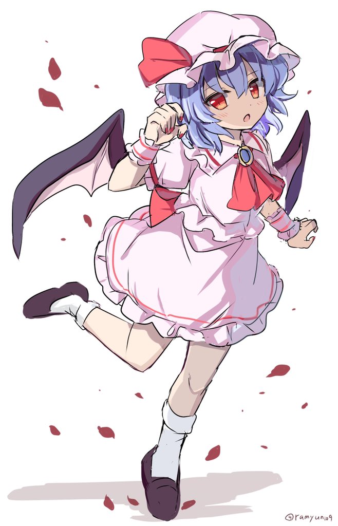 remilia scarlet 1girl solo hat wings red eyes mob cap white background  illustration images