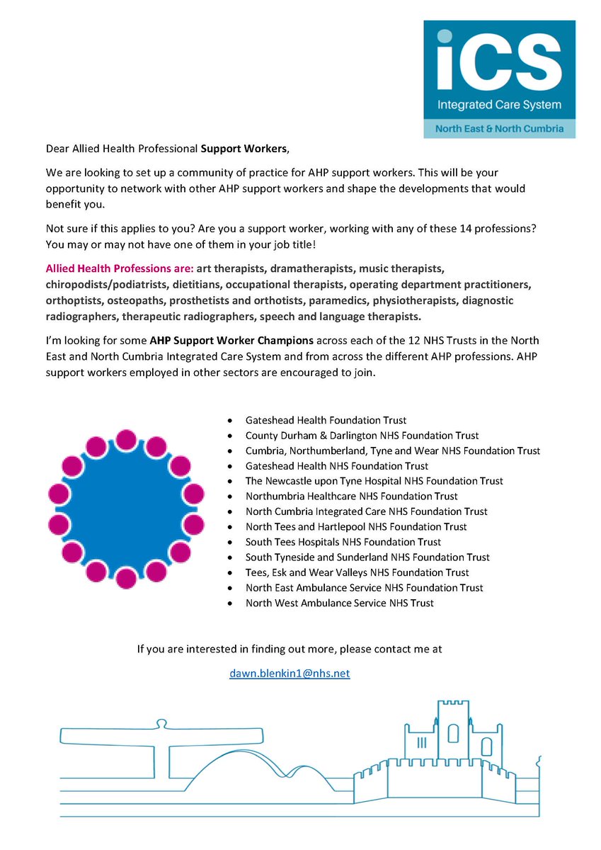 OTBLENKIN's tweet photo. #AHPSW #NENCICS AHP Support Workers- are you keen to shape the future of AHP Support Workers? Could you be a champion for your Trust? Are you based within the North East and North Cumbria ICS? Get in touch now to find out more. Please retweet across your networks @janet_folland https://t.co/Oml8hM1B7w