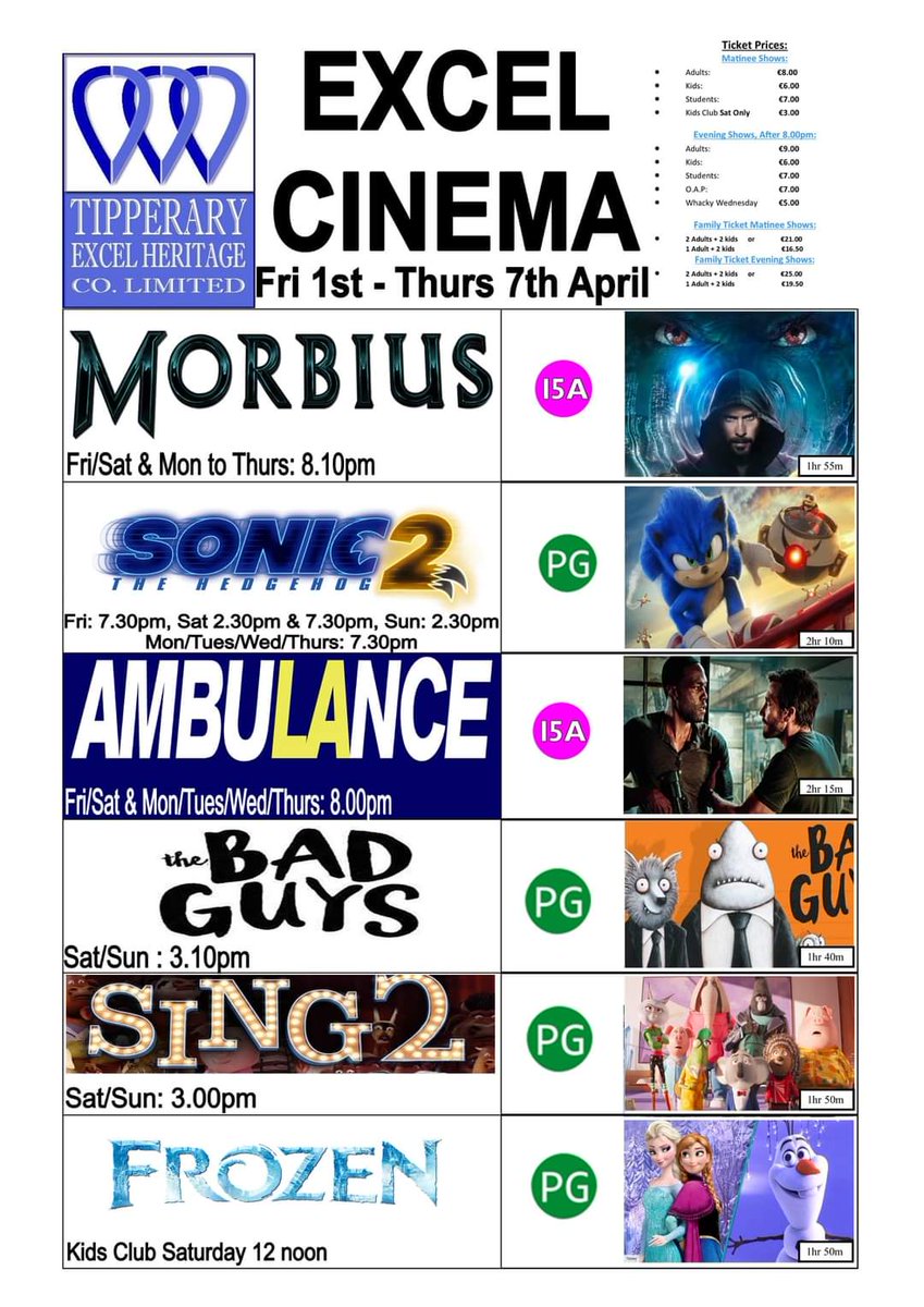 Tipperaryexcel (@tipperaryexcel) on Twitter photo ๐ฅHere is the cinema line up starting todayโฌ๏ธ 
โจOur new films this week are Sonic the Hedgehog 2 & Moribus. 
๐ฒ๐ปTo book tickets click: tipperaryexcel.com/now-showing.htโฆ ๐ฅHere is the cinema line up starting todayโฌ๏ธ 
โจOur new films this week are Sonic the Hedgehog 2 & Moribus. 
๐ฒ๐ปTo book tickets click: tipperaryexcel.com/now-showing.htโฆ