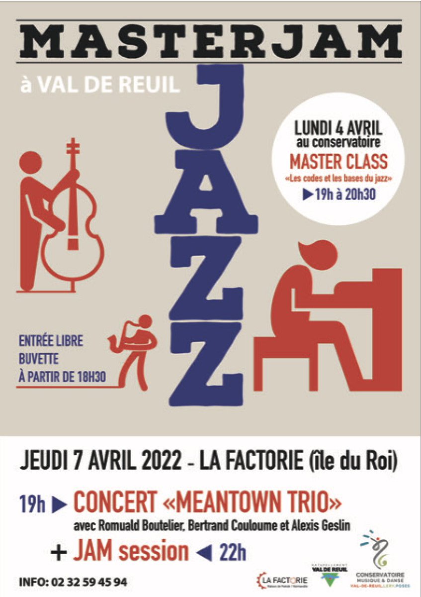 Le Conservatoire de <a href="/valdereuil_info/">Val-de-Reuil</a> organise un master class autour du jazz, ce lundi 4 avril, de 19h à 20h30. Et le jeudi 7 avril, à <a href="/lafactorie/">La Factorie</a>  à partir de 19h30, avec un concert du groupe "Meantown Trio" Ouvert à tous. Rens* : 02 32 59 45 94 / conservatoire27@yahoo.com