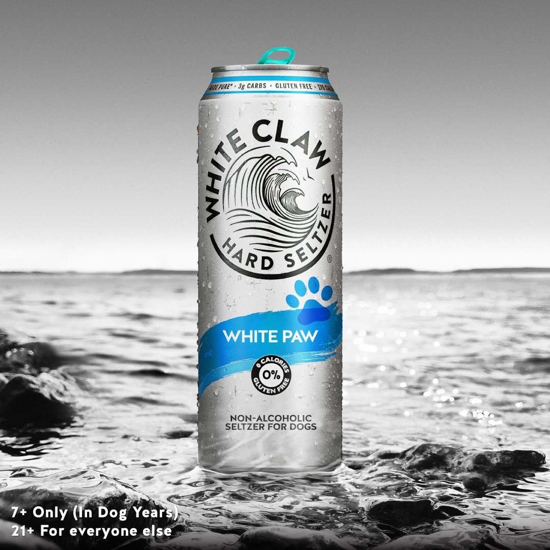 WhiteClaw's tweet photo. Introducing, White Paw! 🐾 A non-alcoholic seltzer for dogs. Now you and Fido can enjoy White Claw, together!🐶 #WhitePaw https://t.co/jVzE0Bktbp