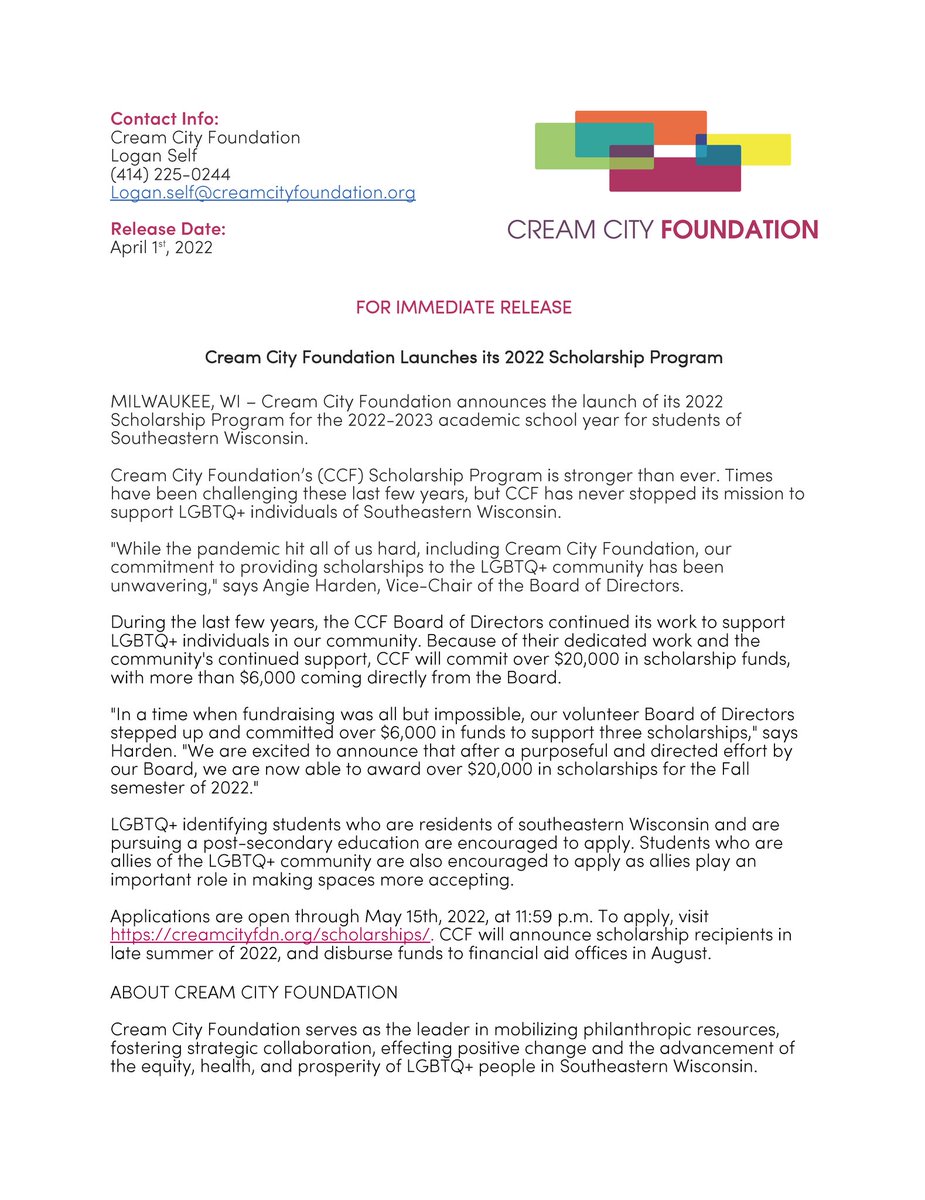 CCFMKE's tweet photo. Our 2022 Scholarship Program application is now open! Visit https://t.co/YRsQGSYmYb to apply today! Applications are open until 11:59 p.m. on May 15th.

#lgbt #lgbtq #scholarships #mke #Wisconsin https://t.co/gzwL4MtpnY