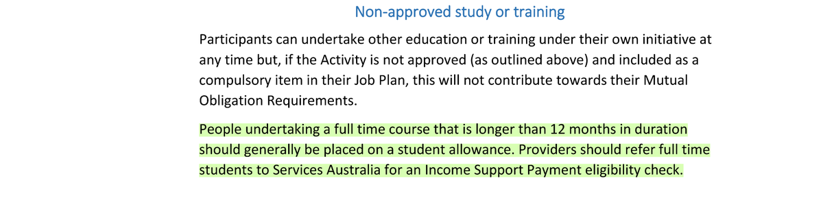 GongWelfare's tweet photo. Currently, job seekers are only made to take up student allowances if their course is longer than twelve months, and do not continue to have mutual obligations requirements.
These are from the jobactive Guideline: Managing and Monitoring Mutual Obligations Requirements. https://t.co/8TVKCbFTgz