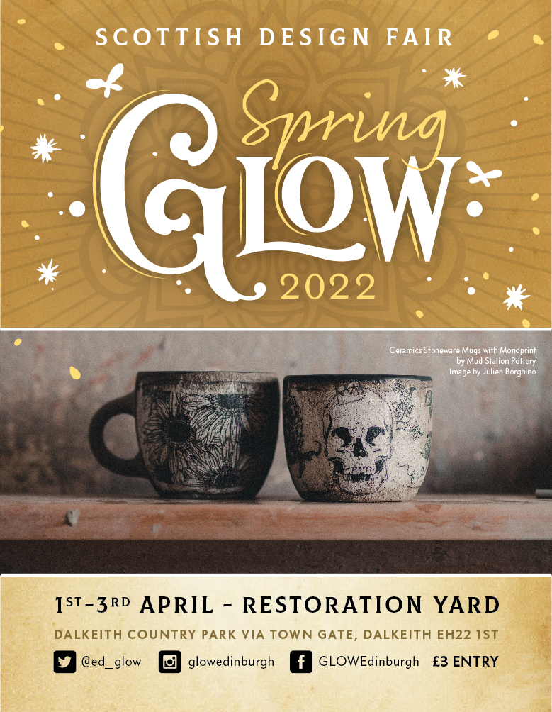 What's On: Independent shopping experience GLOW <a href="/ed_glow/">GlowED</a> returns this weekend to @RestorationDCP.

Discover designer/makers from across Scotland + UK. Browse textiles, homeware, glass, ceramics inc. Mud Station Pottery (feat). 

Now on until Sun 3 April: bit.ly/3DD0Z1x