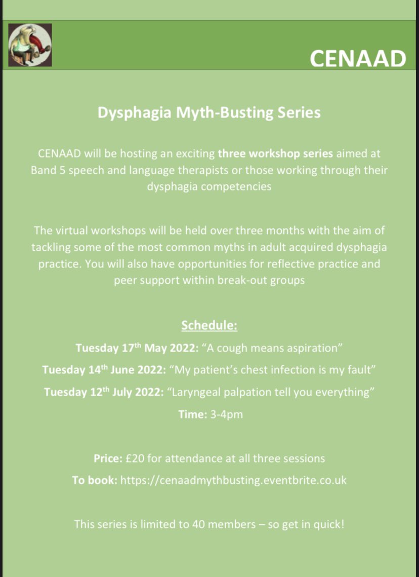 DYSPHAGIA MYTH BUSTING SERIES 

THREE <a href="/CEN_AAD/">CENAAD</a> workshop series for SLTs developing FOUNDATIONAL dysphagia knowledge for just 20🤭

✅ Case study discussions
✅ No answers left unanswered
✅ Up your indirect dysphagia hrs 

For info, objectives &amp; booking 👉🏻tinyurl.com/2pzpj5pm