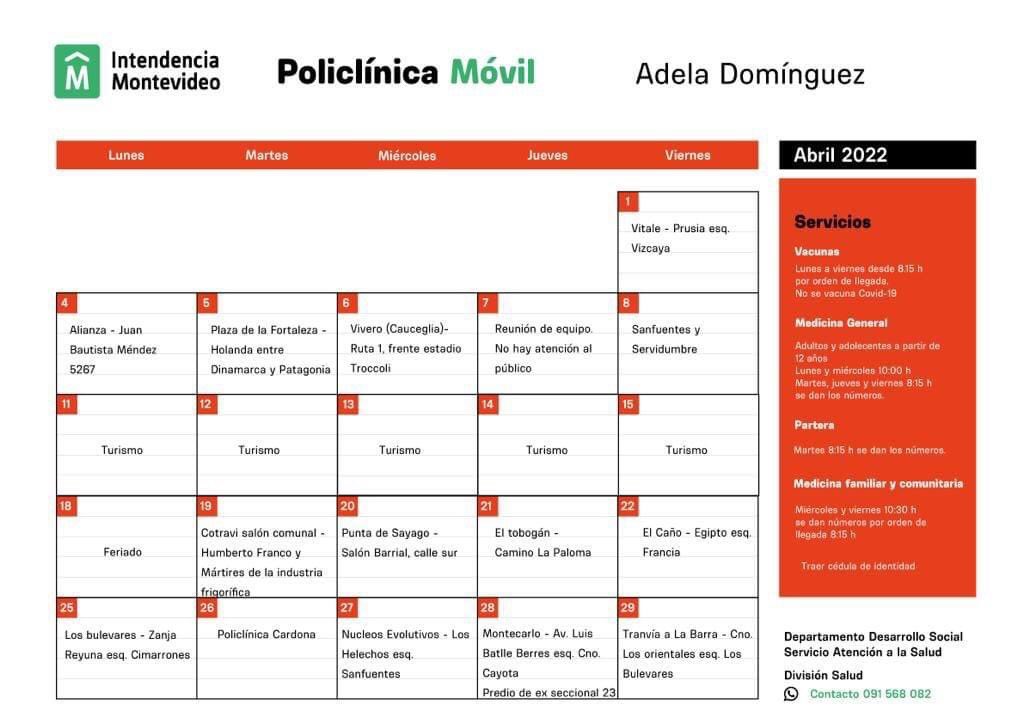 Les compartimos el cronograma del Policlínico Móvil “Adela Domínguez” correspondiente al mes de ABRIL 🚑
<a href="/municipioa/">Municipio A - MVD</a> <a href="/Comunal17/">Comunal Diecisiete</a> <a href="/Comunal18/">Comunal Dieciocho</a> <a href="/IMigualitario/">Montevideo Igualitario</a>