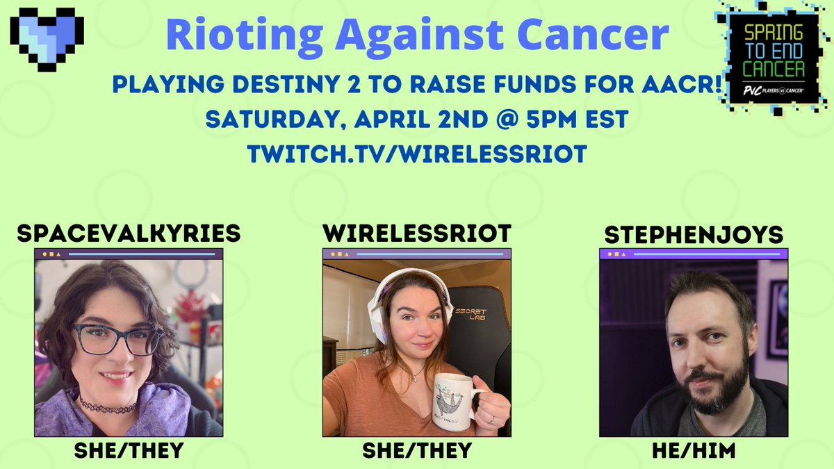 wirelessriot's tweet photo. Tomorrow night! Join @spacevalkyries @stephenjoys and I as we raise funds for @playersvscancer playing @DestinyTheGame ! We're starting at 5pm EST and miiiight be bringing someone through the new expansion (and to the #mothfam!) 👀 | see you at https://t.co/uv2R1ajTsN tomorrow! https://t.co/1eGZzsBM5I