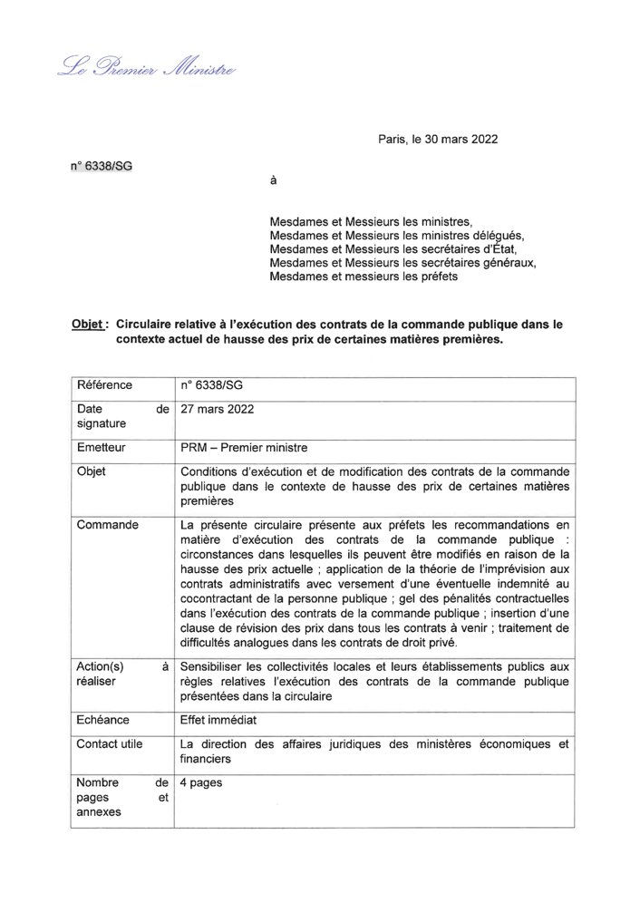 achatpublic_com's tweet photo. 📄 #CommandePublique : Circulaire du Premier ministre relative à l'exécution des contrats de la commande publique dans le contexte actuel de hausse des prix de certaines matières premières. #AchatsPublics #MarchésPublics [@gouvernementFR (30/03/22) - PDF]  https://t.co/aBuKyHy9i4 https://t.co/oNjcMS7PNt