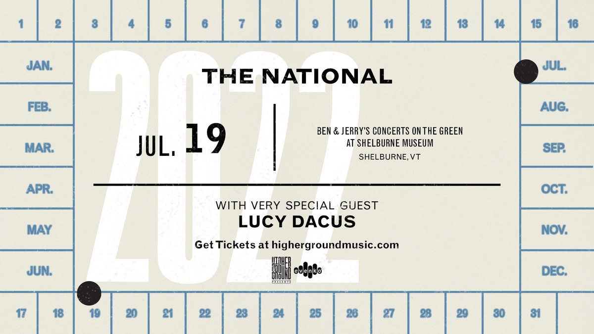 🌟ON SALE NOW🌟 <a href="/TheNational/">The National</a>, with very special guest <a href="/lucydacus/">Lucy Dacus</a>, July 19 at <a href="/benandjerrys/">Ben & Jerry's</a> Concerts on the Green at <a href="/ShelburneMuseum/">ShelburneMuseum</a>.

🎟 bit.ly/TheNationalHGVT