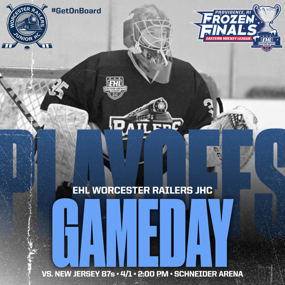 Railers_JHC's tweet photo. GAMEDAY! Your @EHL_Hockey Railers face the @NJ87sEHL today at 2pm, even though both teams have already advanced to tomorrow's semi-finals. Tune in to HockeyTV for great coverage with replay, multiple angles, and fantastic commentary!
#GetOnBoard #RoadToProvidence #EShow https://t.co/srfPKL71UC