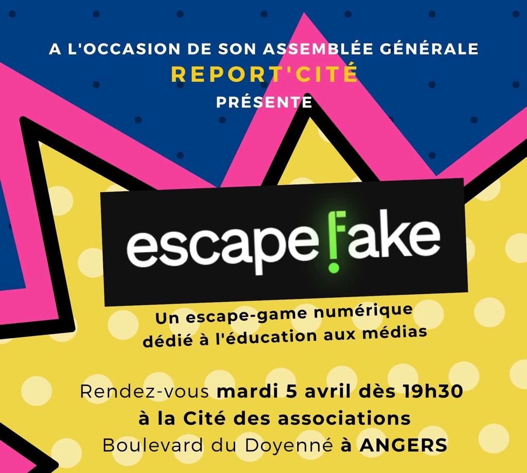 Bonjour,
Il est encore temps de réserver votre soirée de mardi prochain pour assister à l'Assemblée Générale de Report'Cité 😉 Vous découvrirez notre nouveau projet, escape fake. 
On vous espère nombreux et nombreuses !
#assembleegenerale #escapefake 
#association #angers